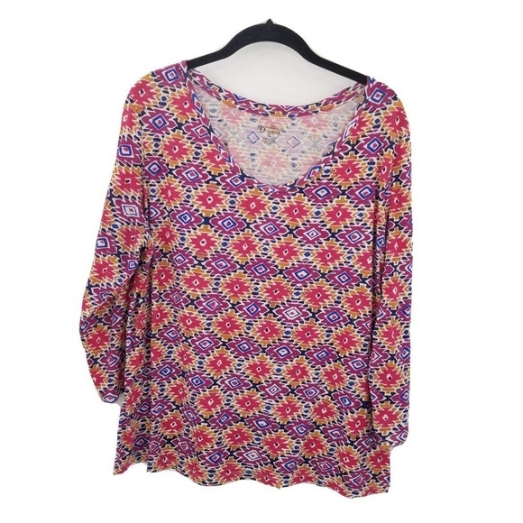New directions ikat print knit top womens size 1x colorful 3/4 sleeve scoop neck - Picture 1 of 11